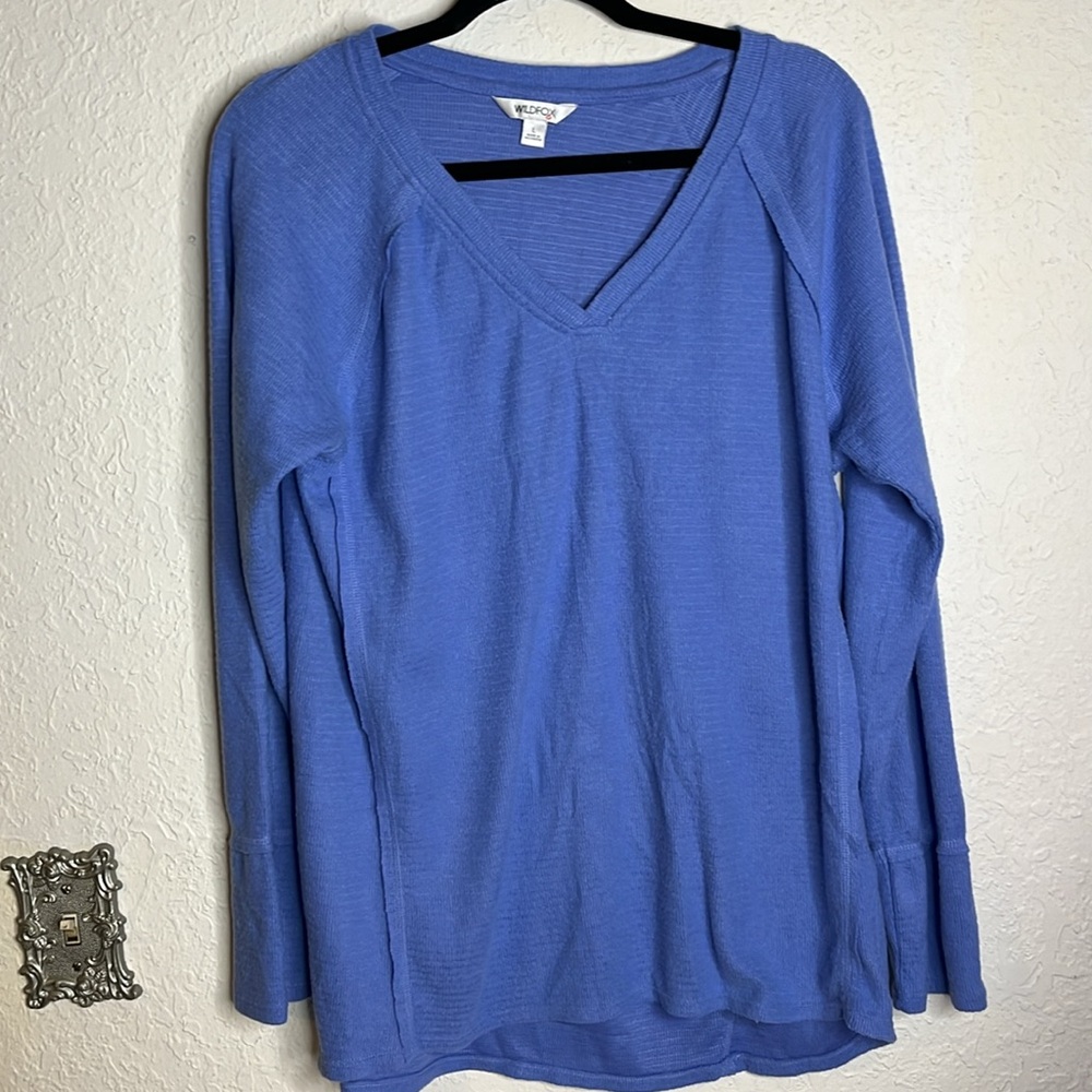 Wildfox Women's Long Sleeve V-Neck Haley Brushed Sweater Waffle Top size L - Picture 2 of 6